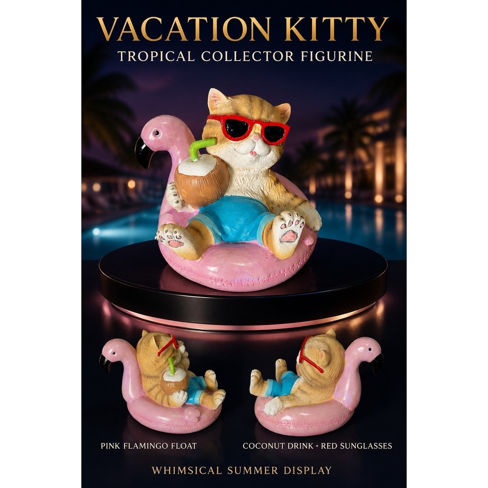 Funny Cat Flamingo Pool Float Figurine Sunglasses Coconut Drink Resin Decor 6”